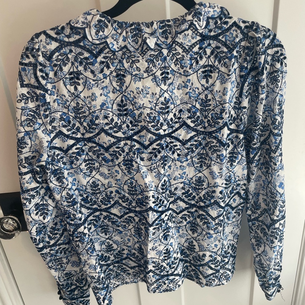 Sezane Blue and White Printed Ruffle V-Neck Blouse - Picture 3 of 3